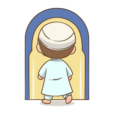 Bir çocuğun camiye ya da sembolik kemere girdiğini gösteren bir resim, ruhani yolculuk veya mescid ziyareti için mükemmel bir tema..