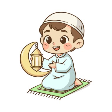 Ramazan gecesi ve fener festivali kavramları için uygun hilal ayının yanında parlayan bir fener tutan bir karakter..