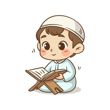 Dini eğitim ve Ramazan 'da öğrenme materyallerine uygun Kuran okuyan bir çocuğun barışçıl bir tasviri..