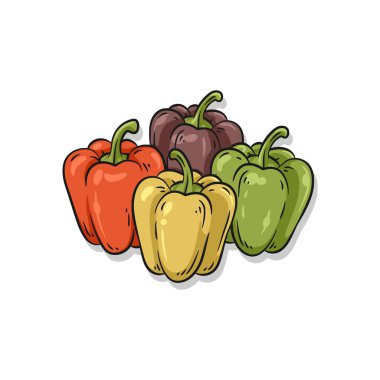 Eğitim materyalleri veya canlı gıda ambalajları için kullanışlı çok renkli bir dolma biber kümesi.