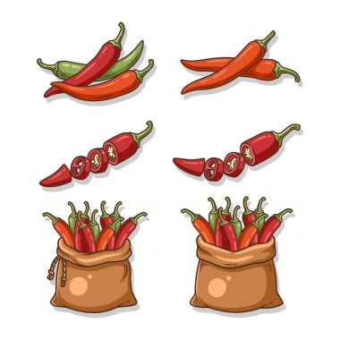 Taze kırmızı ve yeşil biberlerden oluşan profesyonel bir vektör koleksiyonu, tohumları gösteren dilimlenmiş halkalar, ve biberler tarım ve mutfak tasarımı için bir çuval içinde paketlenmiş..