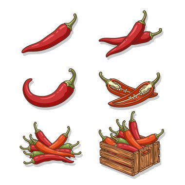 Kapsamlı bir kırmızı biber çizimi seti. İçinde tek bir biber, tohumları gösteren dilimlenmiş yarımlar ve ahşap bir sandıkta bulunan biberler. Mutfak ve market markalaşması için mükemmel..