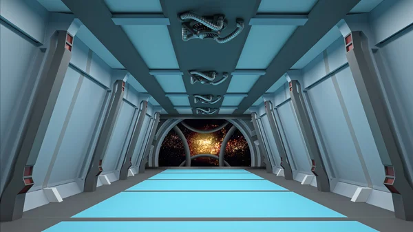 Sci fi koridor dengan melihat galaksi ruang 3d render — Stok Foto