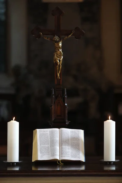 Crucifix Church Candles Open Bible Altar Strasbourg France — Stock Photo, Image