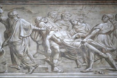 Chambery Katedrali. Duvar resimleri. İsa 'nın Tutkusu. İsa mezarın içine konur. Fransa. 