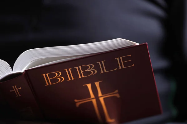 Människan Läser Den Heliga Bibeln — Stockfoto