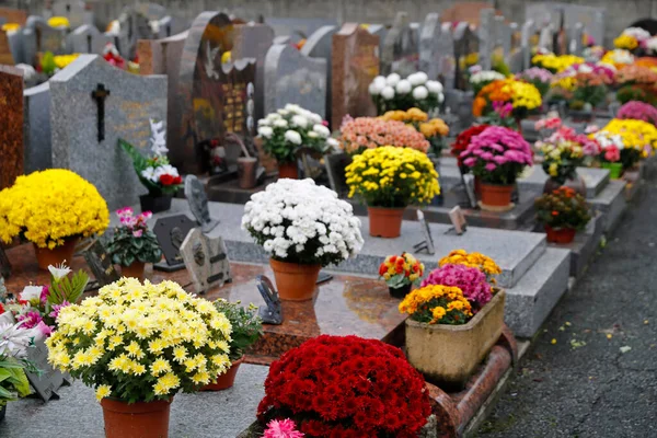 День Святых Кладбище Цветы Возложены Честь Умерших Родственников Франция — стоковое фото