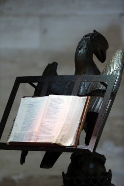 Saint Stephan 'a adanmış Auxerre katedrali. Kartal kürsüsündeki eski İncil. Fransa. 