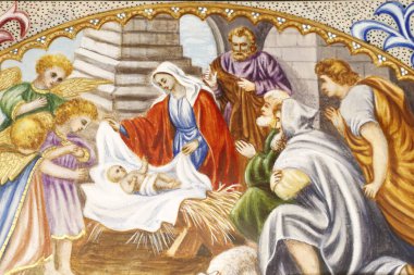 El yazması aydınlatma. Kutsal Bakire Meryem 'in Ayini. 19. yüzyıl. İsa 'nın doğuşu. Marclaz. Fransa. 