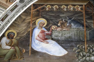 Padua Vaftizhanesi. 14. yüzyıldan kalma tavan freskleri, Giusto de Menabuoi 'den. İsa 'nın doğuşu. Padua. İtalya. 