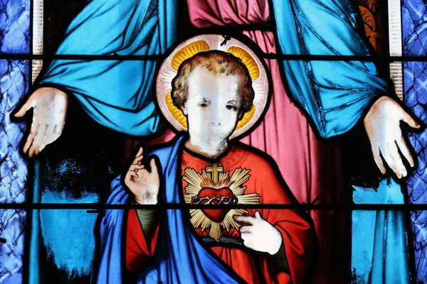 Notre Dame Saint Lazare Kollegial Kyrka Fönster Målat Glas Jungfru — Stockfoto