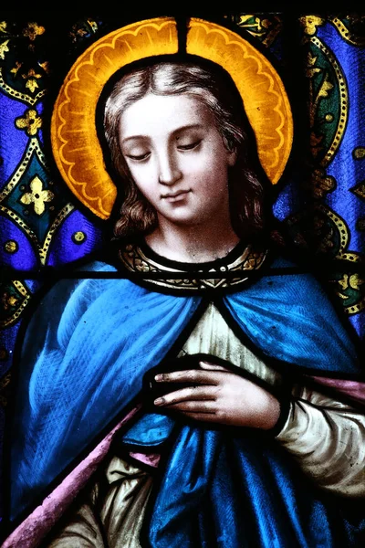 Vault Lugny Kirche Bleiglasfenster Jungfrau Maria Frankreich — Stockfoto