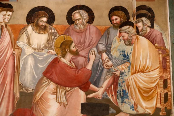 Scrovegni Şapeli. Giotto 'dan Fresco, 14. yüzyıl. Kutsal Perşembe. Ayakların yıkanması. İsa ve havariler. Padua. İtalya. 