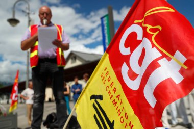 CGT Sendikası Demiryolu Sistemi Reformuna Karşı Bir Gösteri Düzenledi. Le Fayet. Fransa.