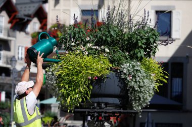 Fransız Alpleri 'ndeki Saint Gervais les Bains köyünde renkli çiçekler. Bahçıvan çiçekleri suluyor. Fransa. 