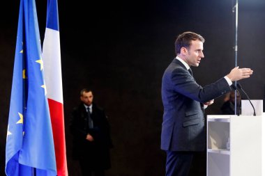 Fransa Cumhurbaşkanı Emmanuel Macron. Basın toplantısı. Saint-Gervais les Bains. Fransa. 