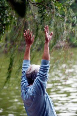 Adam sabah Hoan Kiem Gölü kıyısında Tai Chi yapıyor. Hanoi. Vietnam.