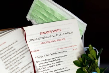 Coronavirüs salgını (COVID-19). Okuyucuda cerrahi maske. Kutsal haftanın kutlaması. Avuç içi. Fransa. 