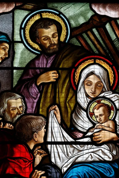 Notre Dame Des Graces Kyrka Fönster Målat Glas Jesu Födelse — Stockfoto