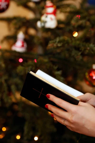 Mulher Lendo Bíblia Com Árvore Natal Fundo Genebra Suíça — Fotografia de Stock
