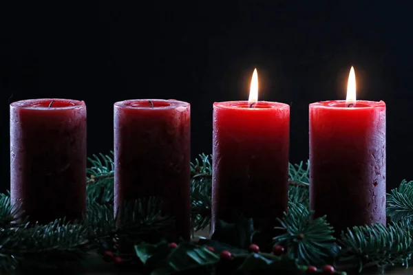 Natural Advent Wreath Crown Two Burning Red Candles Christmas Composition — Stock Photo, Image