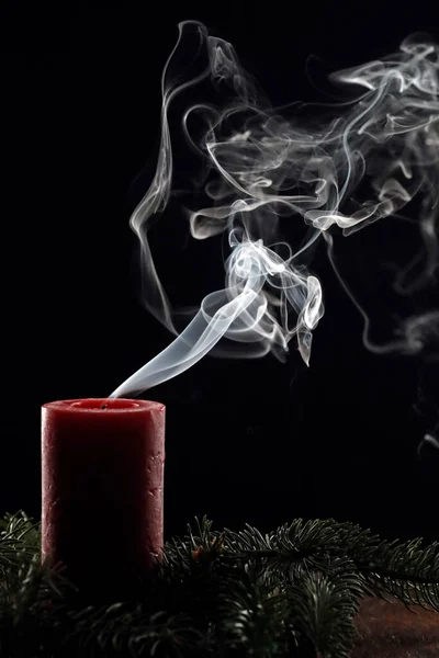 Curling Smoke One Extinguished Advent Candle Black Background France — Stock Photo, Image