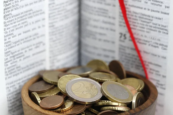 Catholic Finance Economy Concept Bible Euro Coins France — Stock Photo, Image