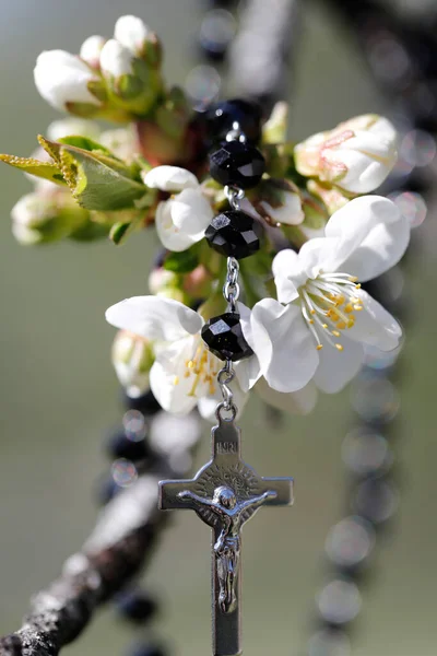 Katolikus Rózsafüzér Körül Virágok Tavasz Franciaország — Stock Fotó
