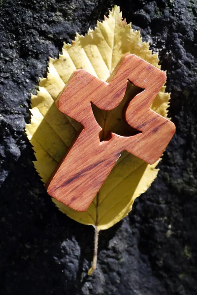 Drewniany Chrześcijański Kosz Duchem Świętym Jesiennym Liściu — Zdjęcie stockowe
