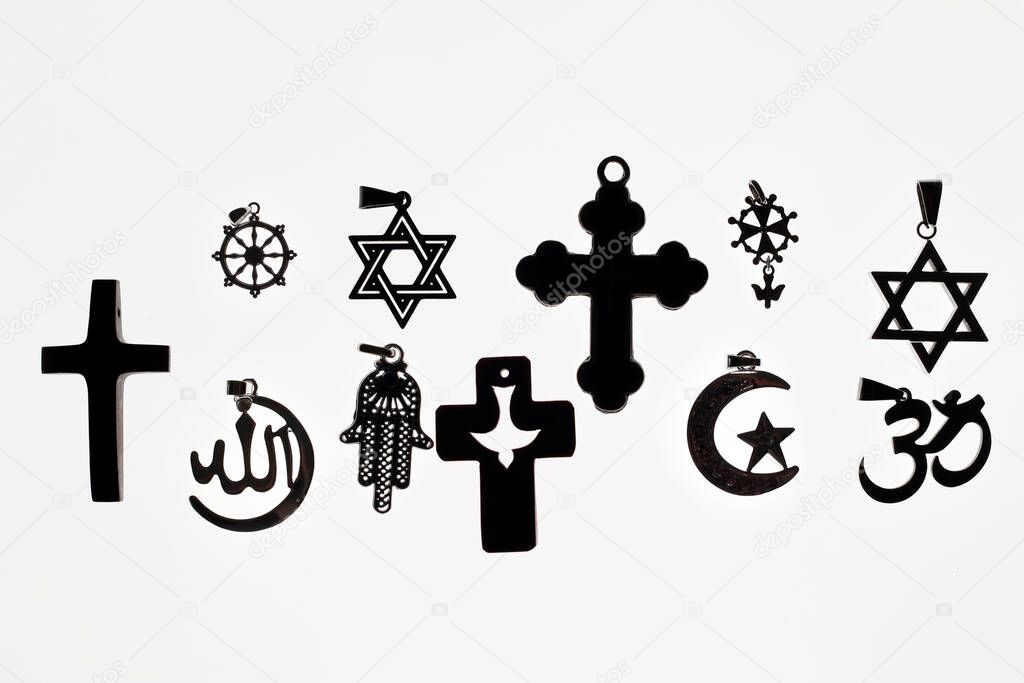 Religious symbols.  Christianity, Islam, Judaism, Buddhism and Hinduism. Interfaith dialogue.  France. 