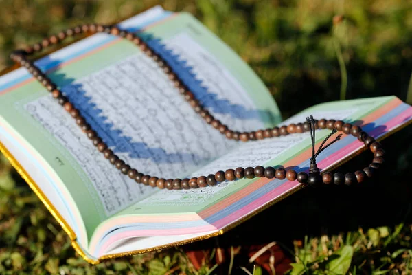 Otwarty Święty Koran Muzułmańskie Paciorki Modlitewne Misbaha Drzewnej Podstawce Francja — Zdjęcie stockowe
