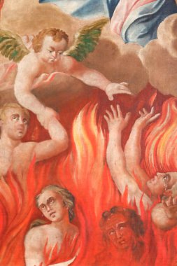 Saint-Nicolas de Veroce church. Last judgment : the hell. A group of the Saved. Painting. France.  clipart