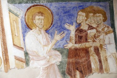 Aquileia 'nın ataerkil Bazilikası. Fresklerin 12. yüzyıldaki mahzeni. Aziz Mark. İtalya. 
