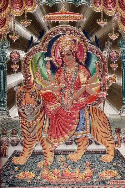 印度教女神杜尔加骑在老虎身上的照片 — 图库照片