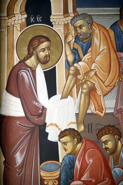 Sts Iglesia Ortodoxa Cirilo Metodio Pintura Mural Cristo Lavando Los — Foto de Stock