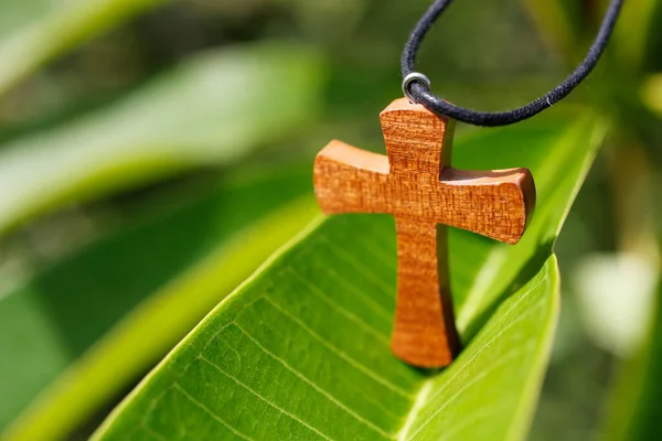 Κοντινό Πλάνο Χριστιανικού Σταυρού Μια Φρέσκια Πράσινη Μανόλια Πίστη Και — Φωτογραφία Αρχείου