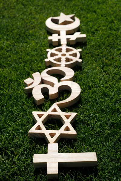 Religious Symbols Grass Christianity Islam Judaism Orthodoxy Buddhism Hinduism Interreligious — Stock Photo, Image