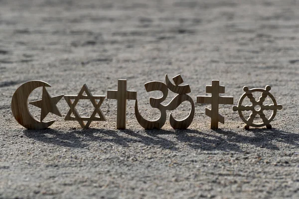 Religious Symbols Sand Christianity Islam Judaism Orthodoxy Buddhism Hinduism Interreligious — Stock Photo, Image