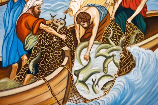 Aziz Maurice Kilisesi. İsa ve havarileri balık tutuyor. Mucizevi balık avı. Veyrier du Lac. Fransa. 