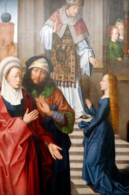 Evora Müzesi. Evora sunağının efendisi. Kutsal Bakire 'nin tapınakta sunumu. Panellerde yağ var. Flaman okulu 1500. Portekiz. 