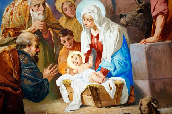 Doğum sahnesi. Büyücüye tapma. Bambino Gesu di Arenzano 'nun küçük bazilikası. İtalya. 