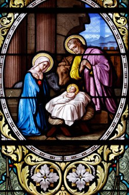 Aziz Pierre Kilisesi. Lekeli cam. İsa 'nın doğumu ya da İsa' nın doğumu. Chalon sur Saone. Fransa.