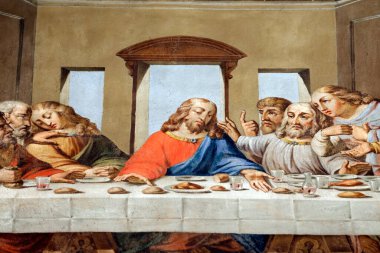 Saint-Jacques le Majeur Koleji Kilisesi. Duvar resmi. İsa ve Havariler Maundy Thursday 'deki Son Akşam Yemeği' nde. Sallanchess. Fransa.