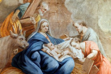 Saint-Jacques le Majeur Koleji Kilisesi. İsa 'nın doğumu ya da İsa' nın doğumu. Duvar resmi. Sallanchess. Fransa.