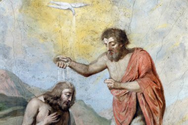 Saint-Jacques le Majeur Koleji Kilisesi. Duvar resmi. Vaftizci Yahya 'nın İsa' nın vaftiz töreni. Sallanchess. Fransa.