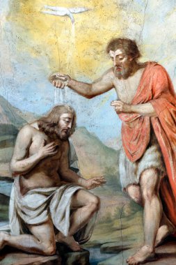 Saint-Jacques le Majeur Koleji Kilisesi. Duvar resmi. Vaftizci Yahya 'nın İsa' nın vaftiz töreni. Sallanchess. Fransa.