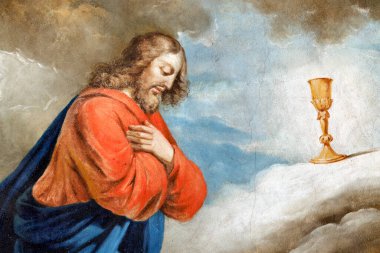 Saint-Jacques le Majeur Koleji Kilisesi. Duvar resmi. Gethsemane Bahçesindeki Izdırap İsa 'nın yaşamından bir bölümdür. Sallanchess. Fransa.