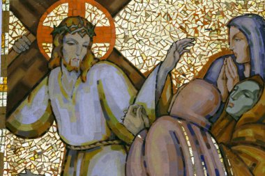 Haçın yolu. 8. İstasyon: İsa Kudüs 'ün kadınlarıyla tanışır. Annecy. Fransa.