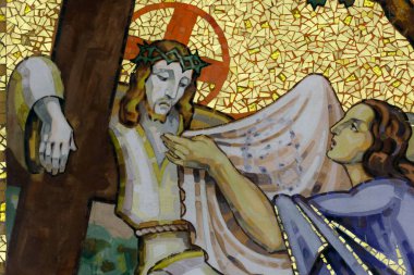 Haçın yolu. 6. İstasyon: Veronica İsa 'nın yüzünü siliyor. Annecy. Fransa.