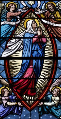 Aziz Pierre Kilisesi. Lekeli cam. Cennete Meryem 'in Varsayımı. Çok dokunaklı. Fransa.